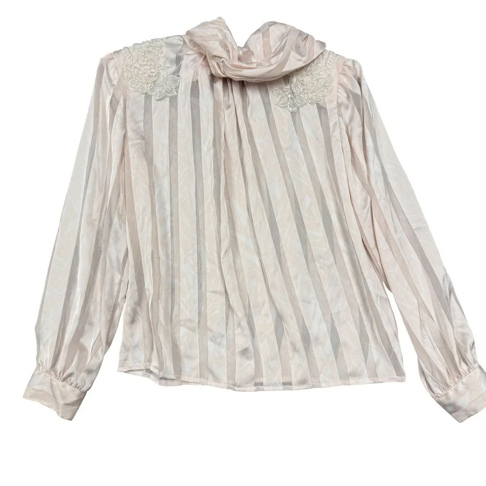 Vintage‎ Worthington Blouse Womens 8 Petite Pink Striped Beaded Mock Neck